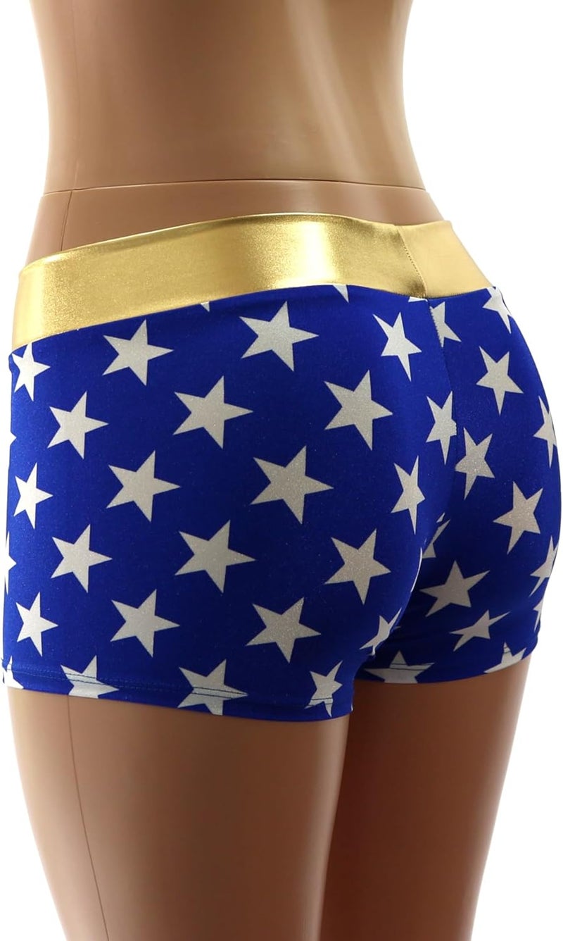 Dilly Duds Royal Blue Spandex with White Stars - Shiny Gold Waistband - Mid Rise Booty Shorts with Full Coverage - Image 3